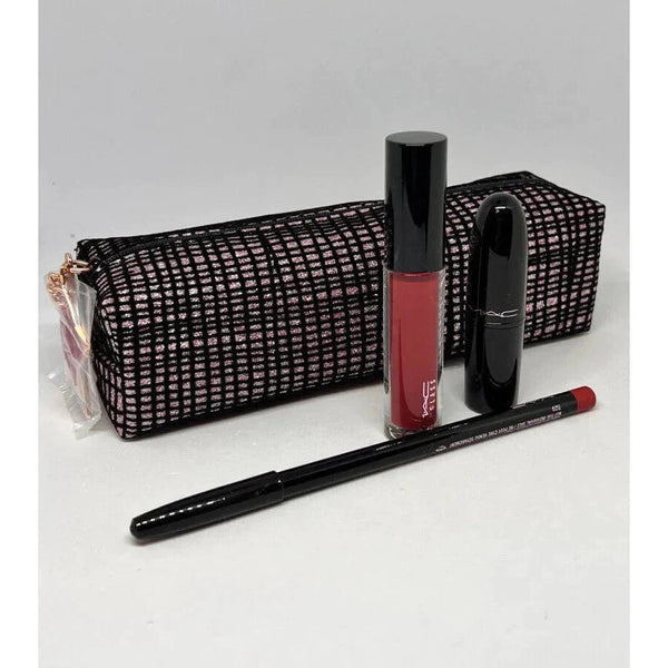MAC Starlit Lip Bag Red Lipstick-Lipglass-Lip Pencil Set with Makeup Bag Enchanted Belle Pakistan